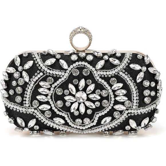 🆕Women Black Beaded Polyester Evening Bag Rhinestone Clutch Shoulder Handbag - Picture 1 of 7